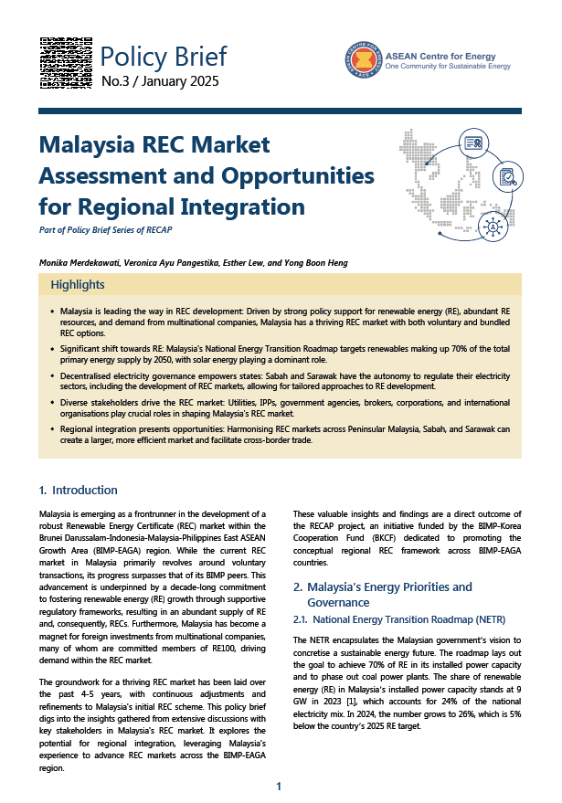 Malaysia REC Market Assessment and Opportunities for Regional Integration