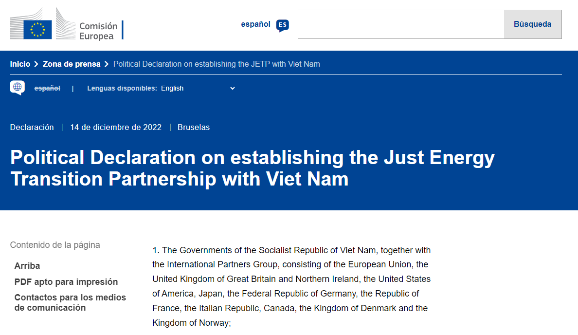 Political Declaration on establishing the Just Energy Transition Partnership with Viet Nam